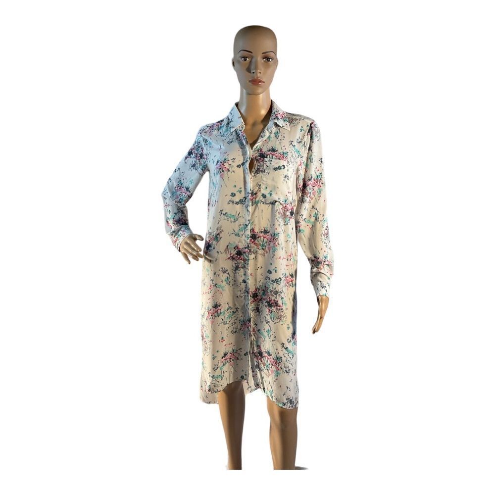 Zara Women’s Size Small White Floral long Button Down Flowy Shirt Tunic Dress
